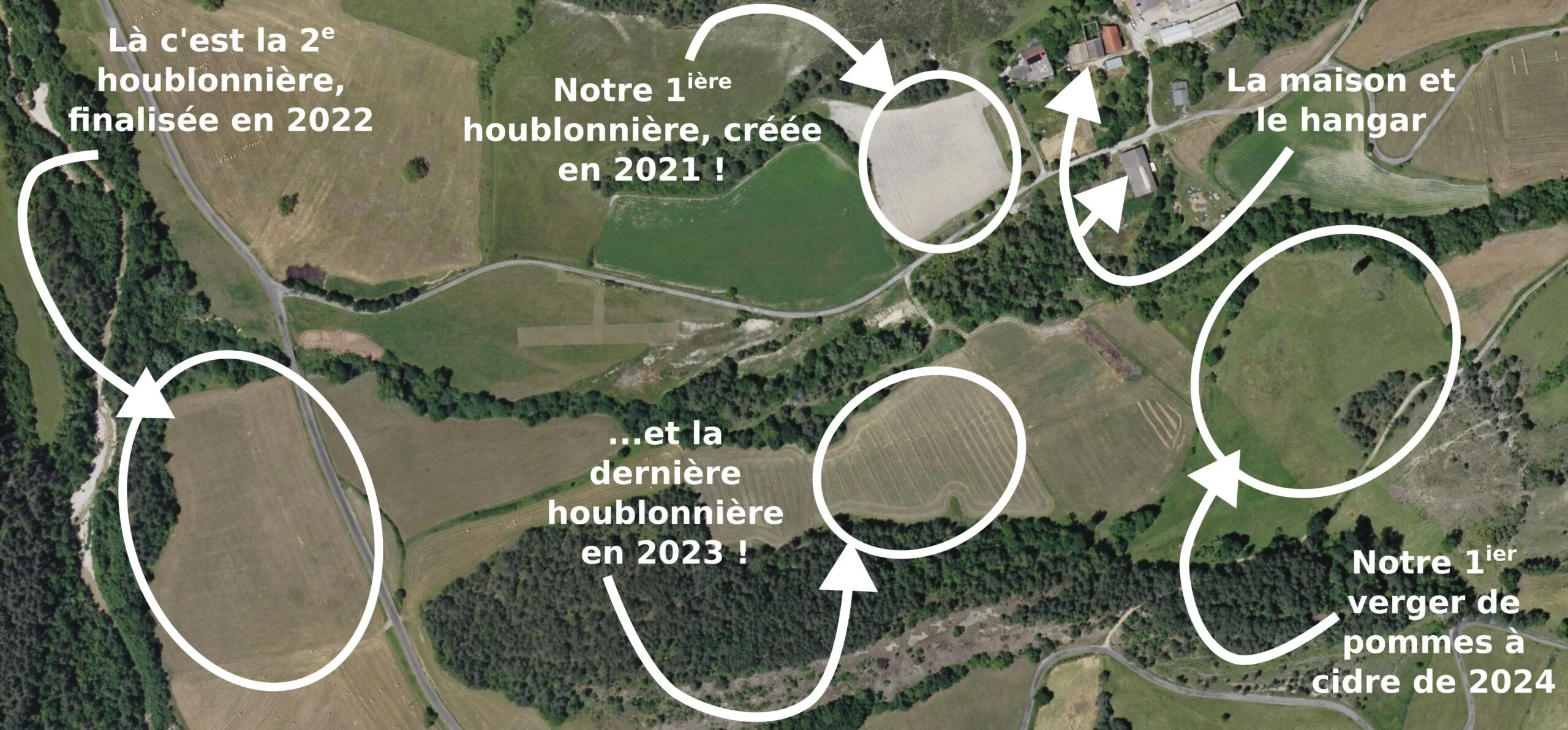 Vue du ciel de la ferme avec indication des lieux des parcelles de houblon, du hangar et de l'habitation